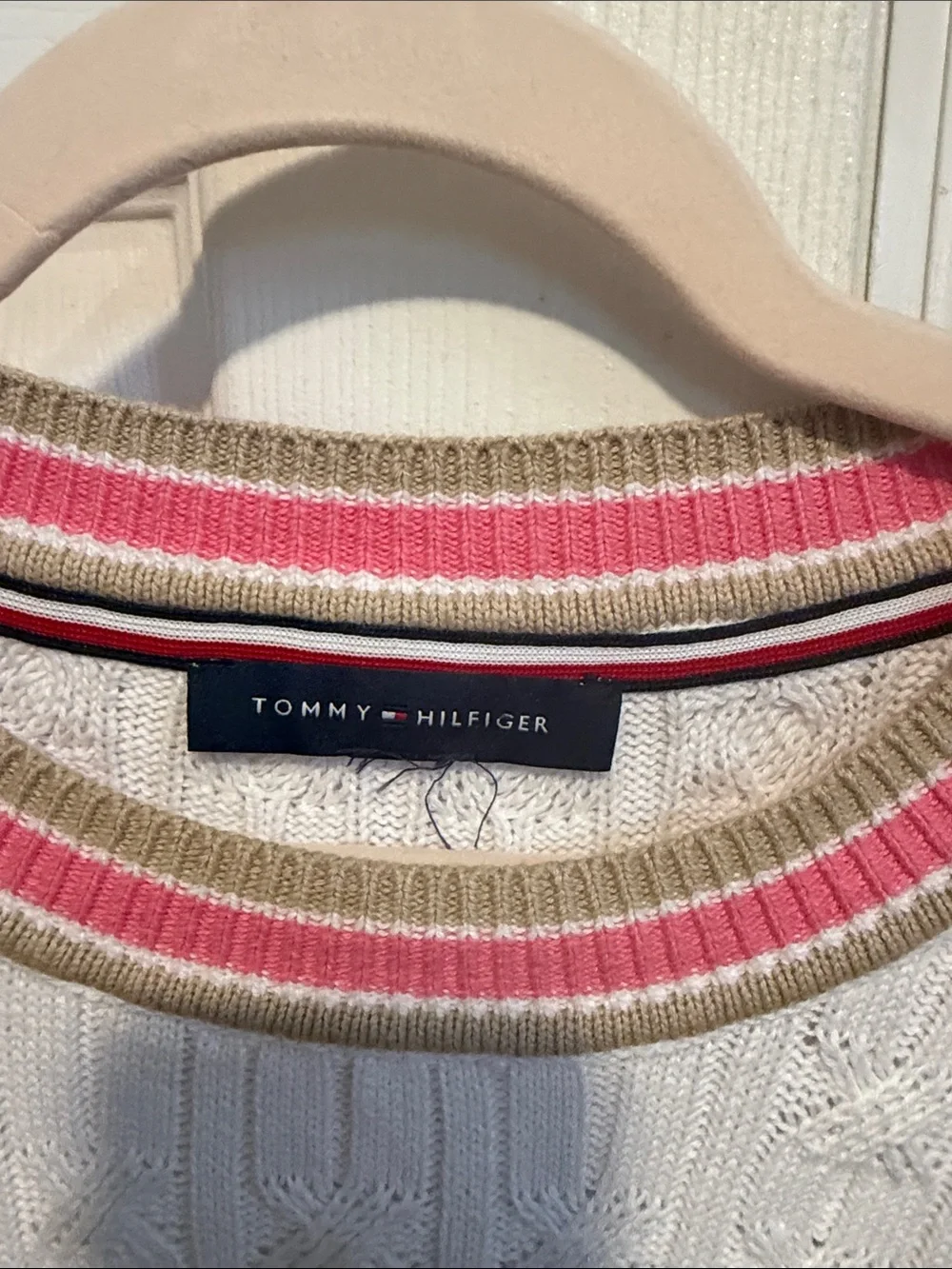 Tommy Hilfiger White Cable Knit Short-Sleeve Sweater with Pink Trim